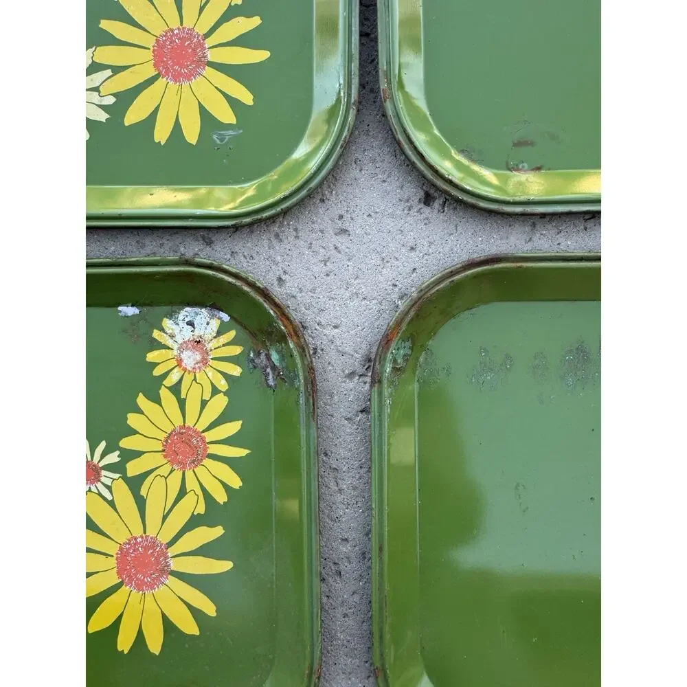 Set of 6 Vintage 60s Metal Tin Trays Avocado Green Daisy Floral Stacking Boho